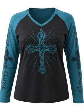 Shein 2XL Teal & Black Cross Graphic Raglan Long Sleeve Top Gothic Casual